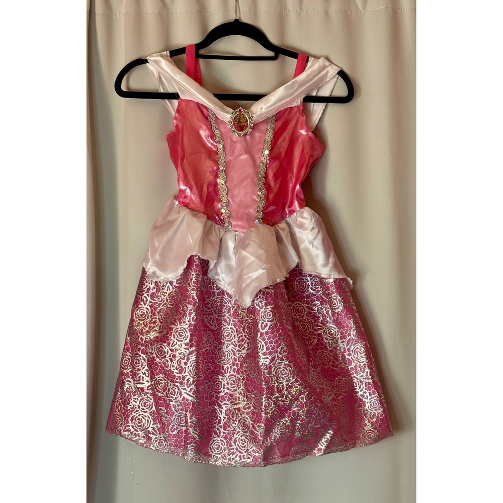 Disney Princess Aurora Sleeping Beauty Costume Pink Silver Rose Dress Kids 4-6X
